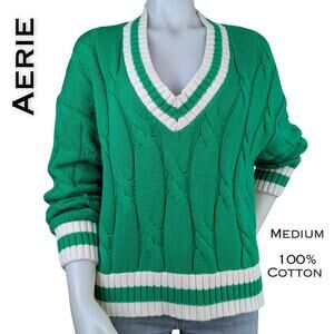 Aerie Cable Knit Sweater Medium Green White Striped V Neck Varsity Oversized
